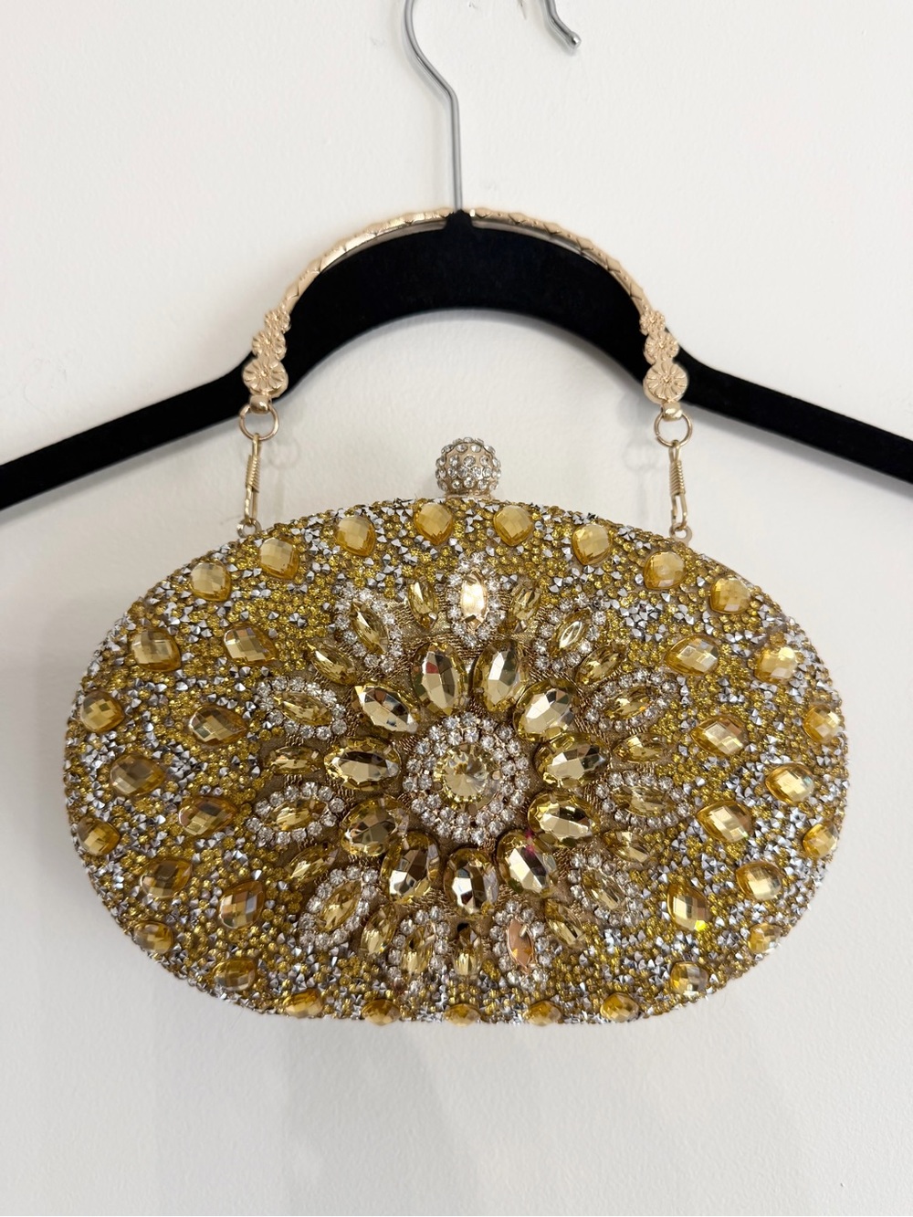 Gold Jeweled Oval Evening Clutch with Top Handle